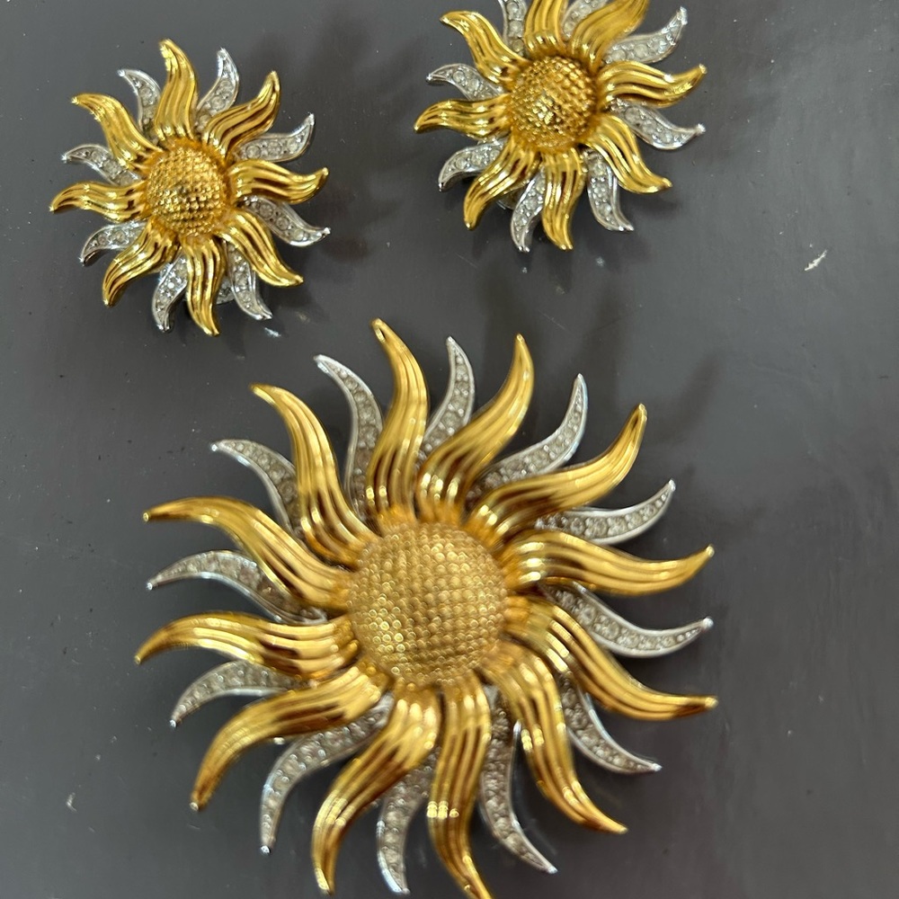 Kenneth Jay Lane Gold and Silver Sunflower Brooch Set